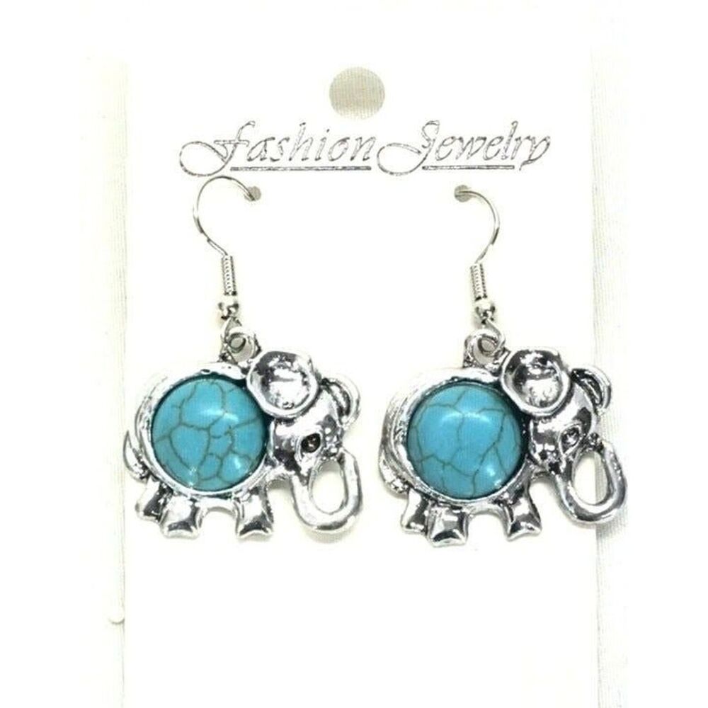 Vintage Elephant Earring, With Blue Turquoise Round Stone, 13x13mm